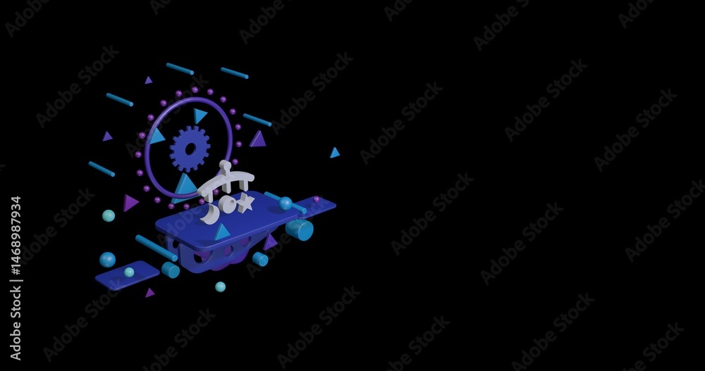 Obraz premium White baby mobile on a pedestal of abstract geometric shapes floating in the air. Abstract concept art with flying shapes on the left. 3d illustration on black background