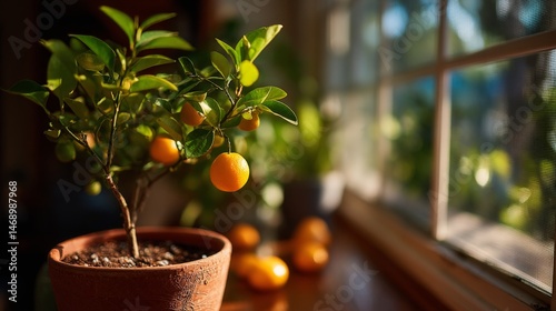 a close-up of a potted orange tree standing on a windowsill