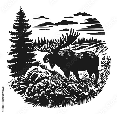 Detailed Vintage Illustration of a Moose in a Natural Landscape Scene