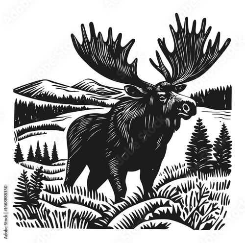 Majestic Moose Standing in Forest Landscape with Mountains in Background