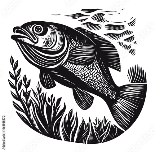 Detailed Black and White Illustration of a Fish Swimming Underwater