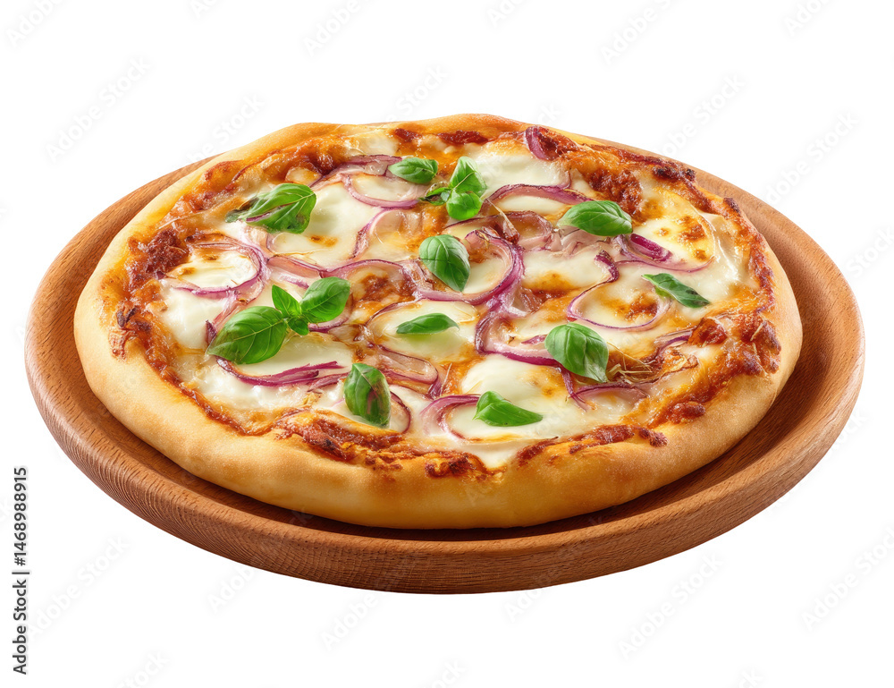 Delicious Mozzarella and Red Onion Pizza on Wooden Plate on transparent background Delicious Mozzarella and Red Onion Pizza on Wooden Plate on transparent background