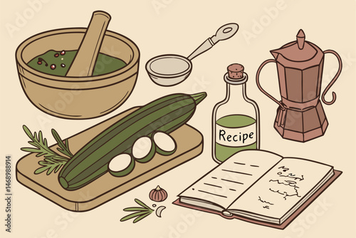 178 detailed botanical illustration of fresh zucchini, cucumber, and vegetables on a wooden chopping board, surrounded by kitchen utensils including a wooden mortar and pestle, copper pot, condiments 