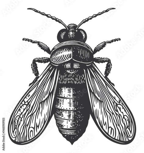 Detailed Vintage Bee Illustration with Intricate Wing Patterns