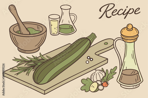 178 detailed botanical illustration of fresh zucchini, cucumber, and vegetables on a wooden chopping board, surrounded by kitchen utensils including a wooden mortar and pestle, copper pot, condiments 