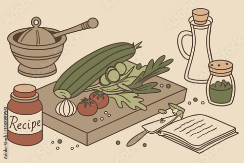 178 detailed botanical illustration of fresh zucchini, cucumber, and vegetables on a wooden chopping board, surrounded by kitchen utensils including a wooden mortar and pestle, copper pot, condiments 