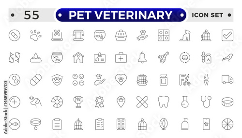 Set of line icons related to pet, care, veterinary, vet, and healthcare. Set of outline veterinarian icons. Animals veterinary icons. Pet and Vet Line Icon Set. Outline icon collection.