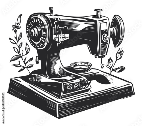 Vintage Sewing Machine with Floral Design in Black and White Vector Art