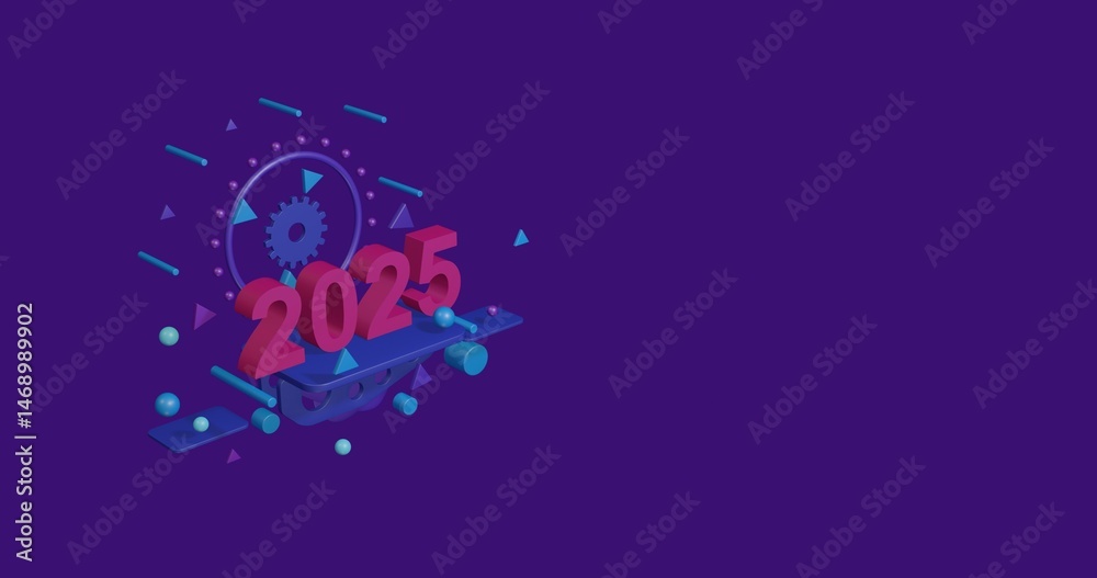 Fototapeta premium Pink 2025 year symbol on a pedestal of abstract geometric shapes floating in the air. Abstract concept art with flying shapes on the left. 3d illustration on deep purple background