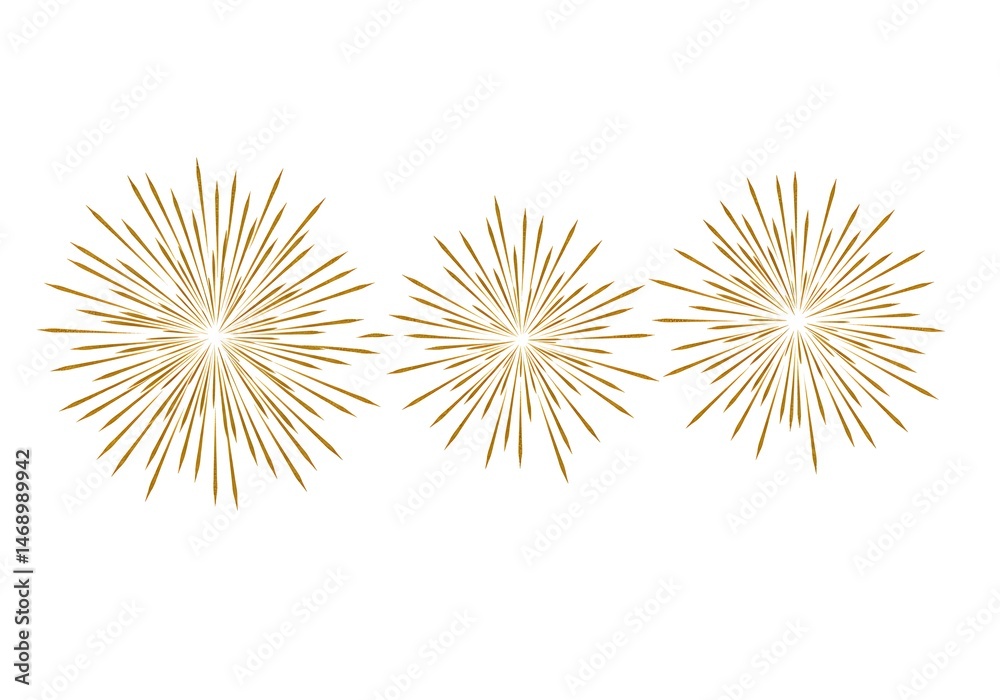 Obraz premium Three golden starbursts on a white background, festive and celebratory