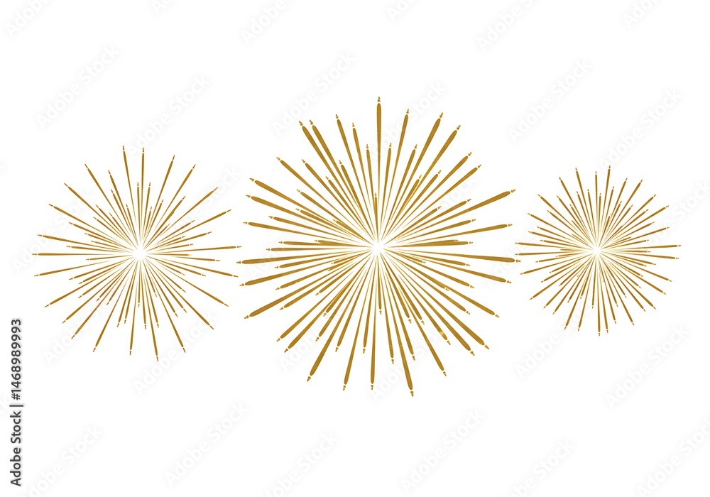 Obraz premium Three golden starbursts radiate on a white background, creating a festive and celebratory design