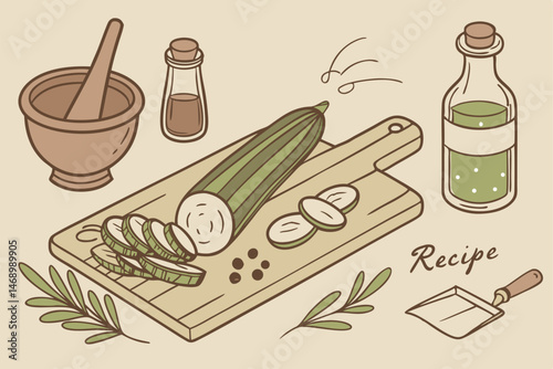 178 detailed botanical illustration of fresh zucchini, cucumber, and vegetables on a wooden chopping board, surrounded by kitchen utensils including a wooden mortar and pestle, copper pot, condiments 