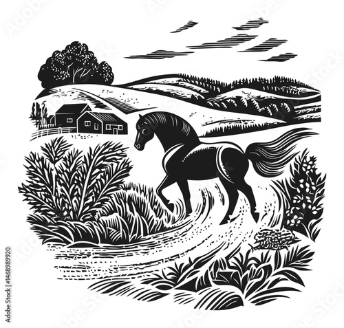 Black Horse Trotting Through Beautiful Countryside Landscape with House