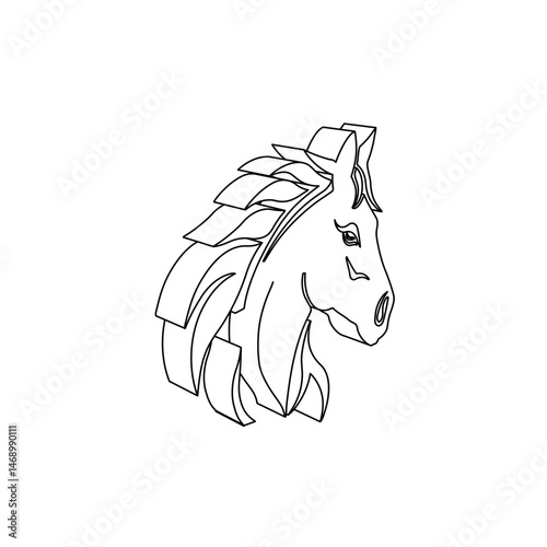 The outline of a large horse's head symbol is made with black lines. 3D view of the object in perspective. Vector illustration on white background