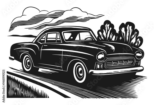 Classic Car Illustration in a Vintage Woodcut Style with Nature Scene