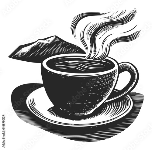 Black and White Vector Illustration of a Steaming Coffee Cup and Saucer