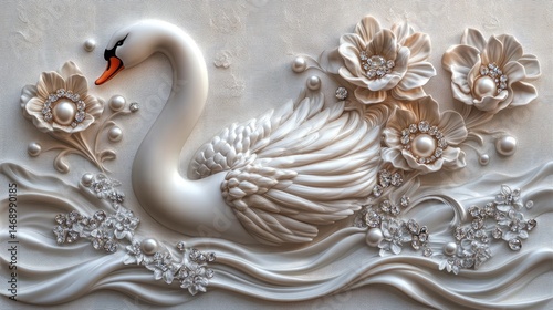 Fototapeta Naklejka Na Ścianę i Meble -  Ornate swan sculpture with decorative flowers and pearls.