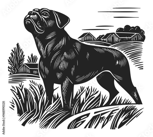 Elegant Black Dog Standing Proudly in a Majestic Landscape Scene