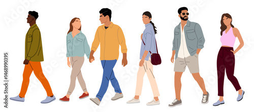 Set of different people, men, women, couple in casual summer clothes walking side view. Colorful flat vector illustration isolated on transparent background	