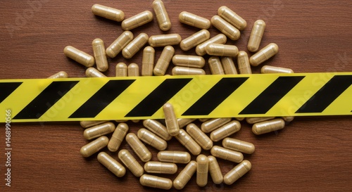Caution: Do Not Use! Scattered Pills and Yellow Caution Tape Warning -  Illegal Drugs, Pharmaceutical, Medicine, Health Risk