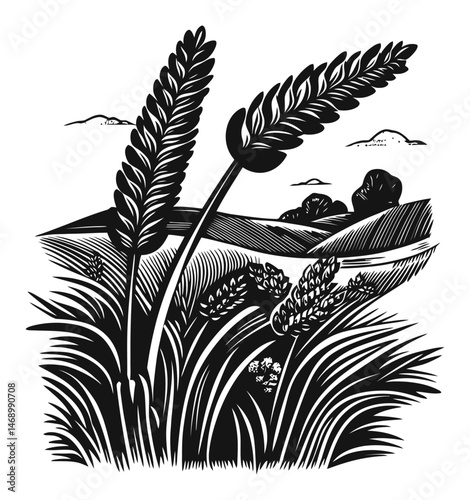 Intricate Black and White Vector Illustration of Wheat and Landscape