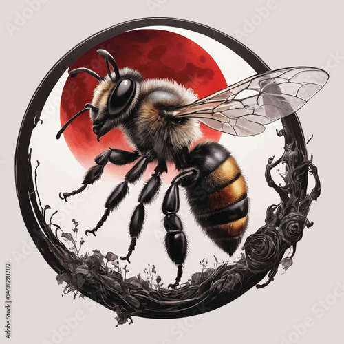 Blood Moon Warm, A Gothic Portrait Bee in Ink and Flame,  Bee Design T-shirt, Vector.