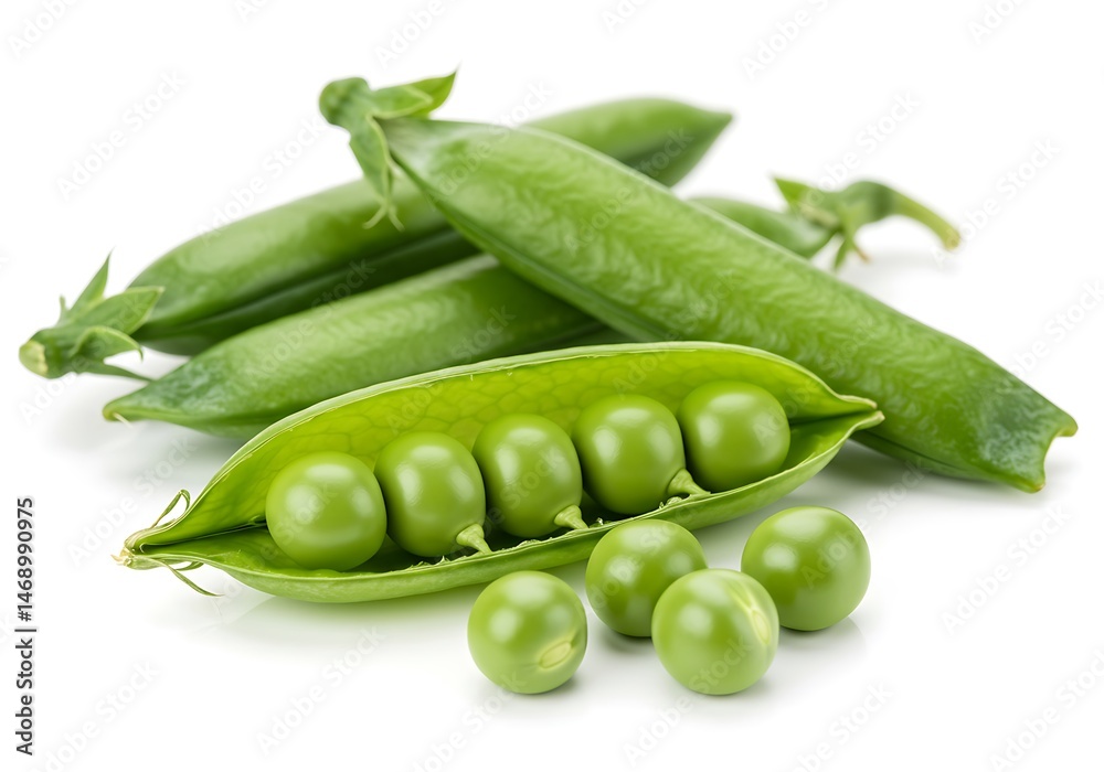 Several green pea pods with one open on a white surface Several green pea pods with one open on a white surface