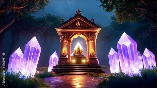 Mystical Shrine Amidst Glowing Crystals and Forest