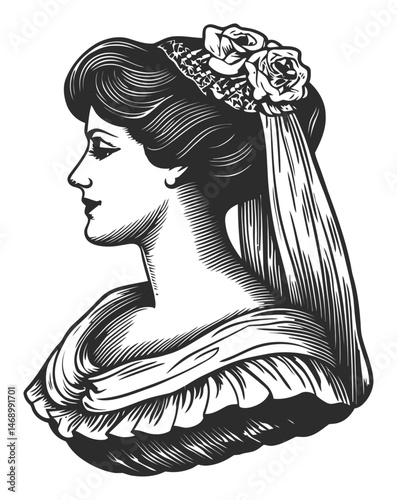 Elegant Vintage Woman Profile with Flowers and Detailed Hair Design