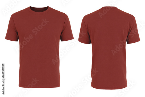 A plain maroon t-shirt displayed from the front and back, showcasing its simple design and fabric texture, suitable for casual wear or promotional use