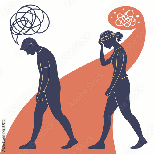 Bipolar Disorder Awareness and Mental Health Illustration Showing Tangled and Untangled Thoughts in Dual Human Silhouettes — Symbolizing Psychological Struggle, Therapy, and Emotional Well-being