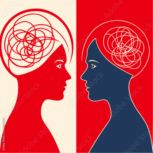 Bipolar Disorder Awareness and Mental Health Illustration Showing Tangled and Untangled Thoughts in Dual Human Silhouettes — Symbolizing Psychological Struggle, Therapy, and Emotional Well-being