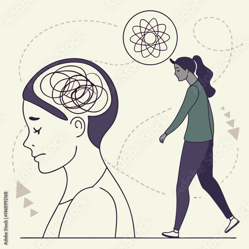 Bipolar Disorder Awareness and Mental Health Illustration Showing Tangled and Untangled Thoughts in Dual Human Silhouettes — Symbolizing Psychological Struggle, Therapy, and Emotional Well-being