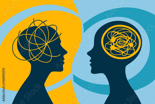 Bipolar Disorder Awareness and Mental Health Illustration Showing Tangled and Untangled Thoughts in Dual Human Silhouettes — Symbolizing Psychological Struggle, Therapy, and Emotional Well-being
