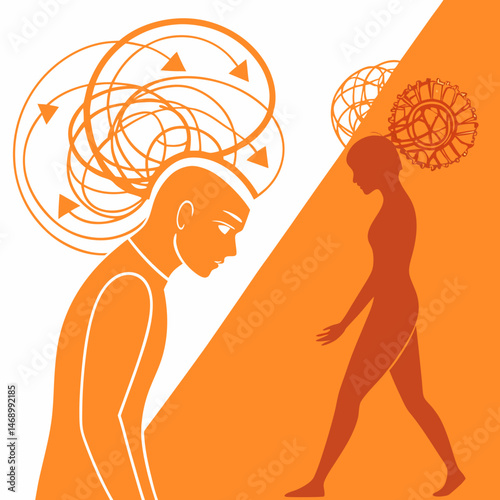 Bipolar Disorder Awareness and Mental Health Illustration Showing Tangled and Untangled Thoughts in Dual Human Silhouettes — Symbolizing Psychological Struggle, Therapy, and Emotional Well-being