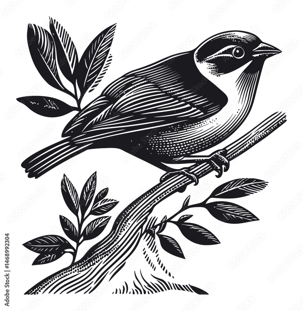 Naklejka premium Detailed Black and White Illustration of a Bird Perched on a Branch
