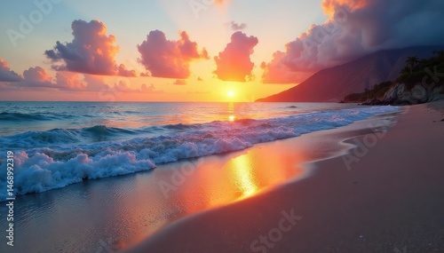 Serene beach scene at sunset, calm ocean waves lapping the shore , waves, foam