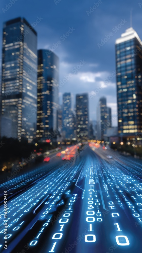 Fototapeta premium Cityscape with Data Stream Overlay: Technology, Futuristic, and Night Life Concept