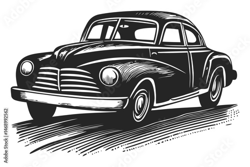 Vintage Car Illustration in Black and White Woodcut Style
