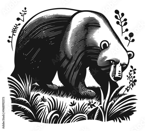 Intricate Vector Illustration of a Bear in a Natural Setting