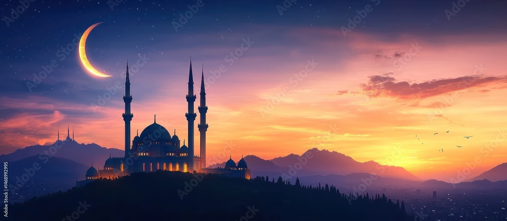 Obraz premium Mosque at Sunset with Crescent Moon