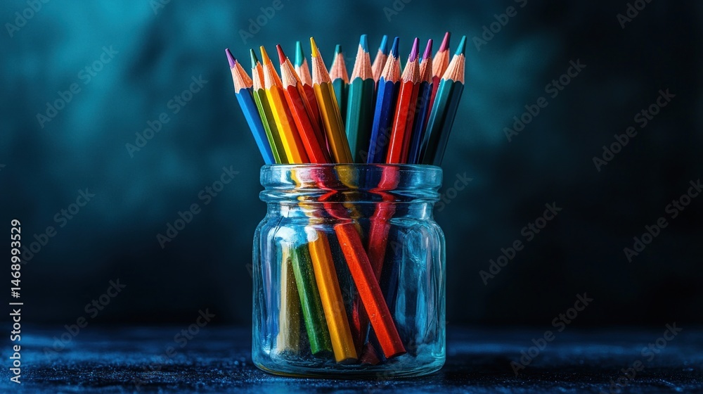 Obraz premium Vibrant and Diverse Colored Pencils Standing Tall in a Clear Glass Jar, Showcasing Creativity, Artistry, and the Joy of Drawing and Writing with a Rainbow of Colors