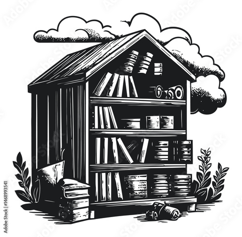 Rustic Wooden Book Shelf with Books and Natural Elements in Vector Style