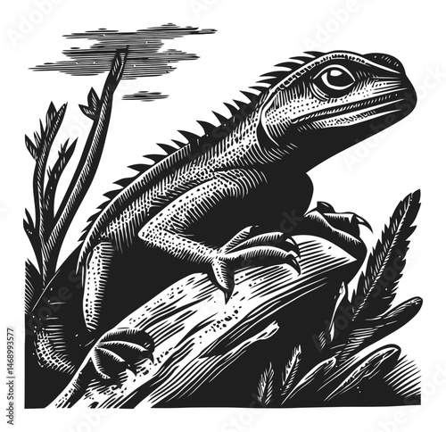 Detailed Black and White Illustration of a Lizard on a Rock