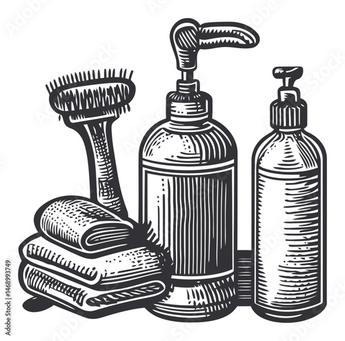 Vintage Line Art of Grooming Tools and Towels for Hair Care