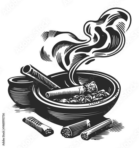 Aromatic Herbal Bowl with Smoke and Cinnamon Sticks in Vintage Style