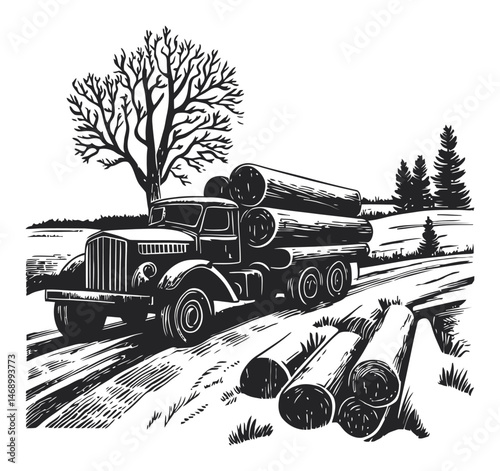 Vintage Truck Carrying Logs Through Scenic Countryside Landscape