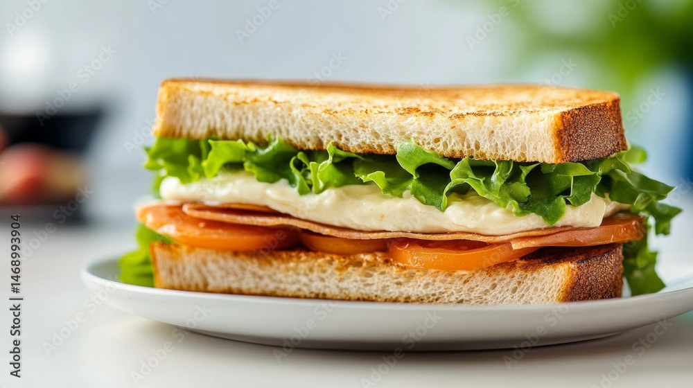 Sandwich with lettuce and tomato on a white plate. The sandwich is cut in half and placed on a white plate Sandwich with lettuce and tomato on a white plate. The sandwich is cut in half and placed on a white plate