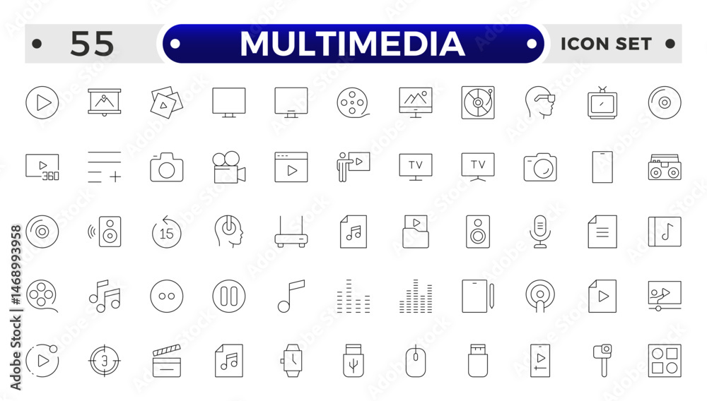 Multimedia outline Icons set. Vector illustration in thin line style of modern digital technology icons: photo, video, music, audiovisual equipment, and more. Multimedia outline Icons set. Vector illustration in thin line style of modern digital technology icons: photo, video, music, audiovisual equipment, and more.