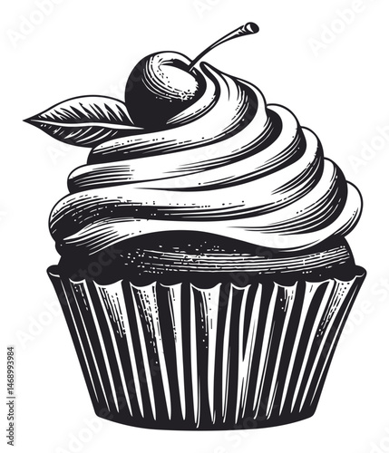 Vintage Black and White Cupcake with Swirled Frosting and Cherry